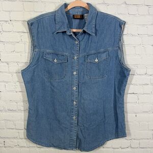 Vintage Y2K Faded Chambray Shirt Women XL Blue Button Collard Chambray Denim Top